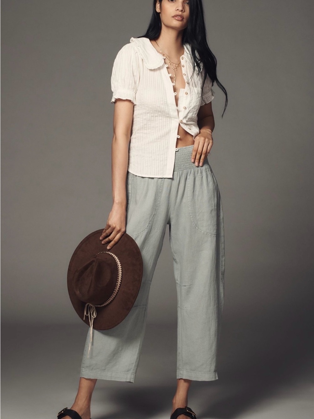 Anthropologie Pilcro Reese Barrel Silver Sage Elastic-Waist Cropped Pants